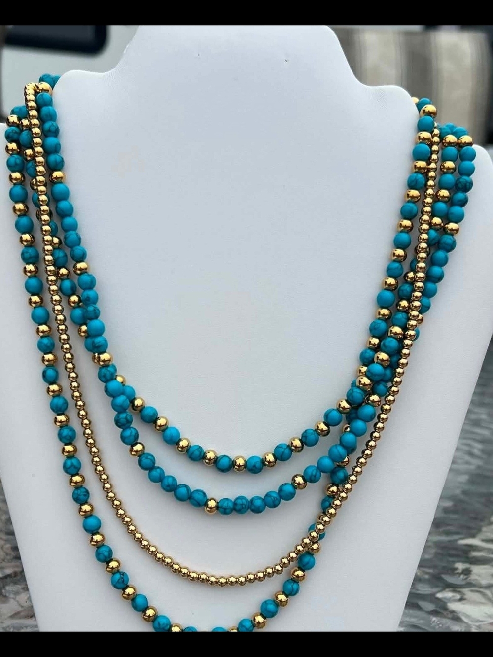 Real Turquoise & Stainless Steel Gold Multi-Strand Beaded Necklace